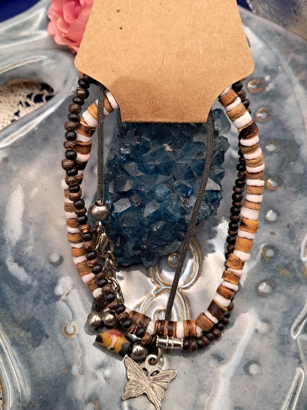 Boho Earthy Beaded Wood w/ Butterfly Charm Bracelet Set of 3